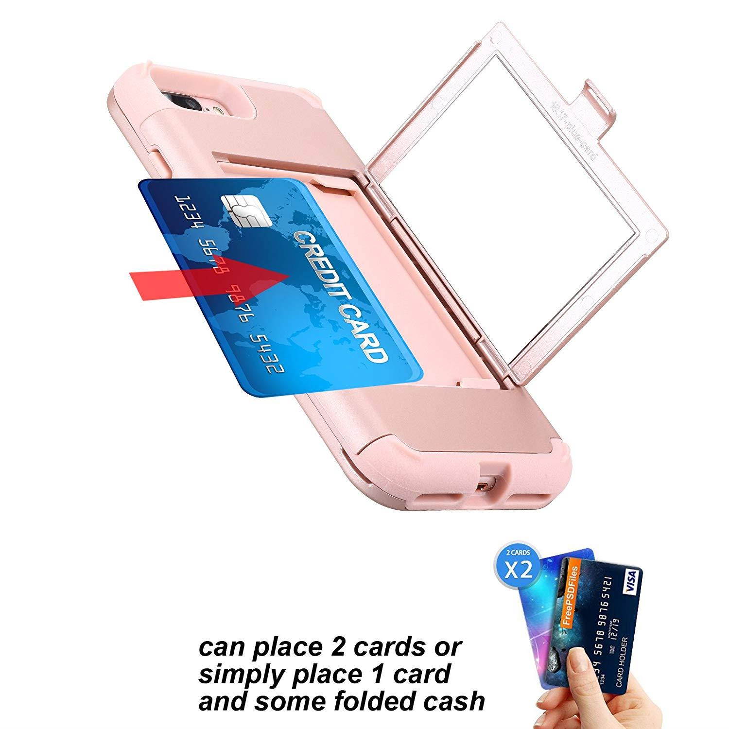iPhone 7 Plus Case, iPhone 7 Plus Mirror Case,Hidden Back Mirror Wallet Case for Girls Women with Card Holder Impact Shock-Absorbent Case Cover for Apple iPhone 7 Plus. (Rose Gold)