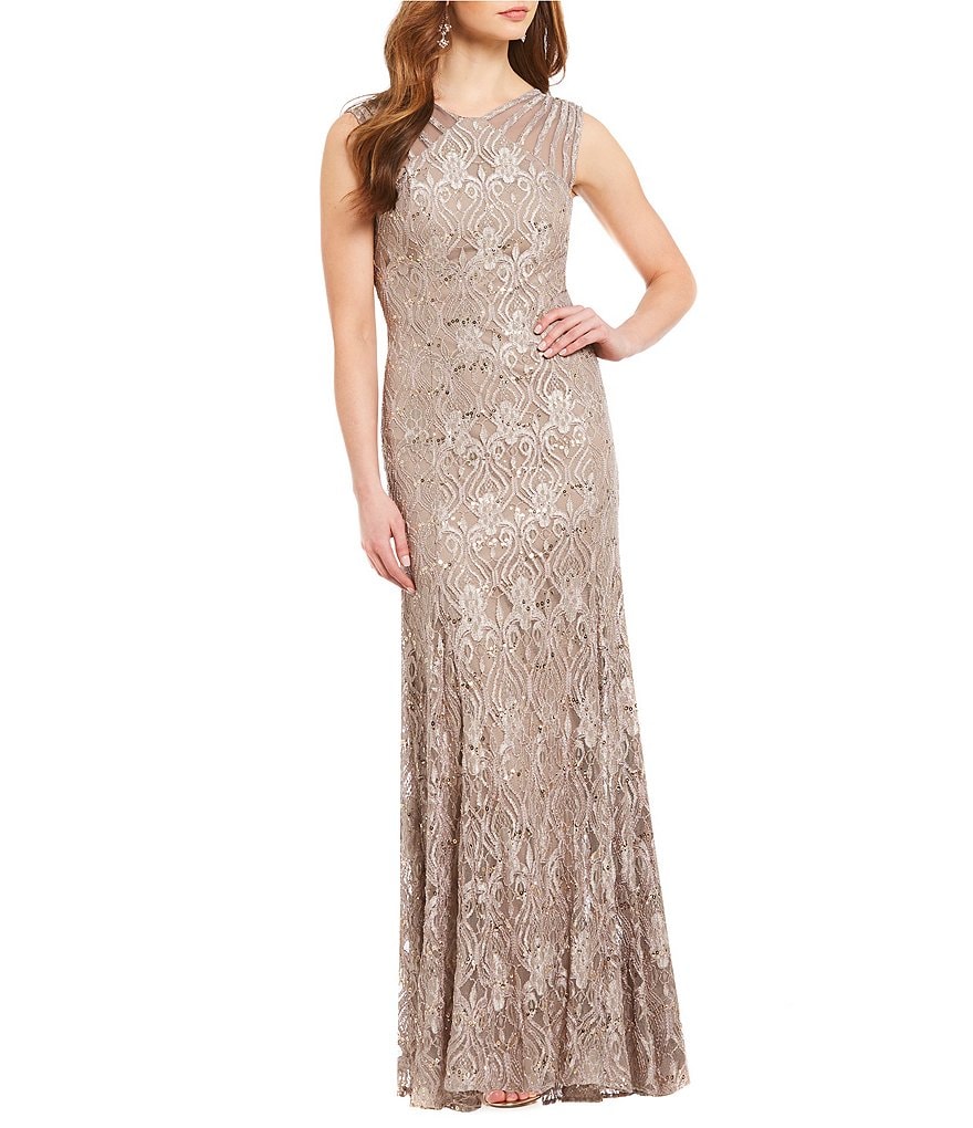 R & M Richards Illusion Shoulder Sleeveless Lace Gown