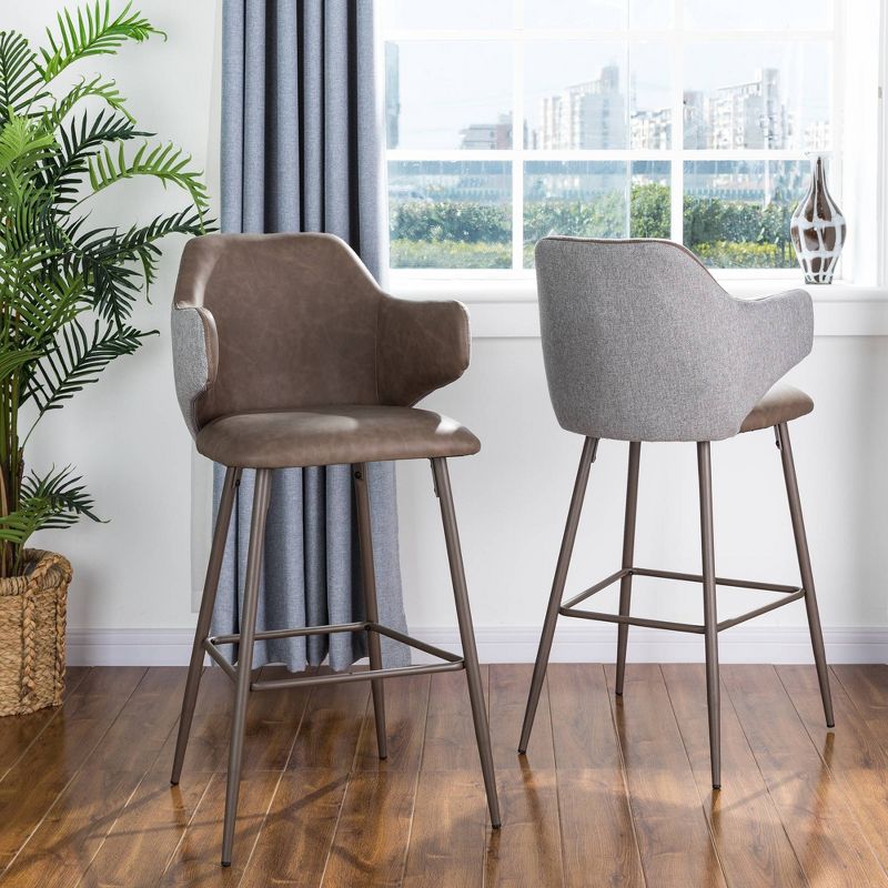 Set of 2 Mixing Leatherette Gray Fabric Barstools Dark Brown - Glitzhome
