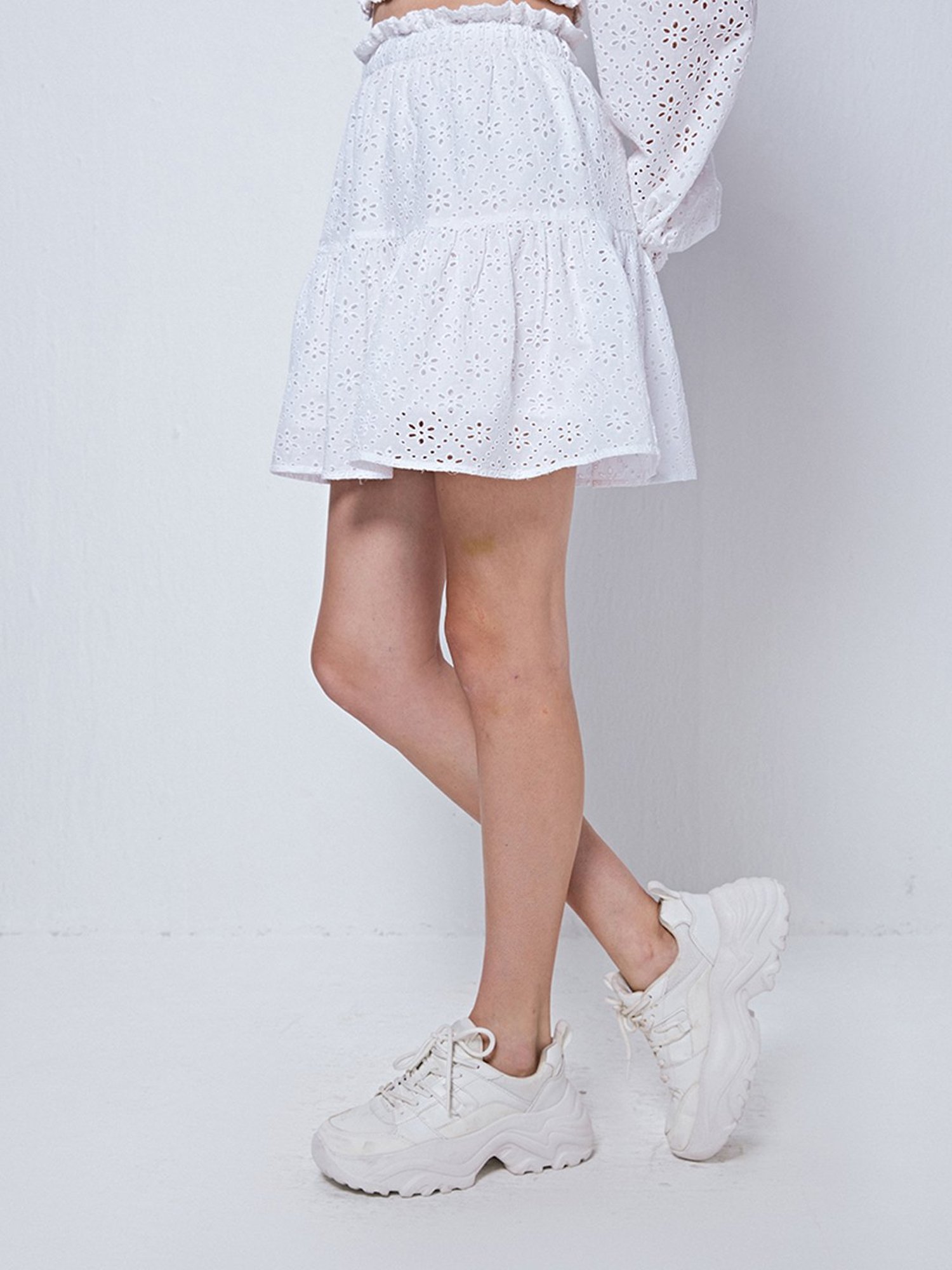 Cover Story White Self Design Mini Skirt