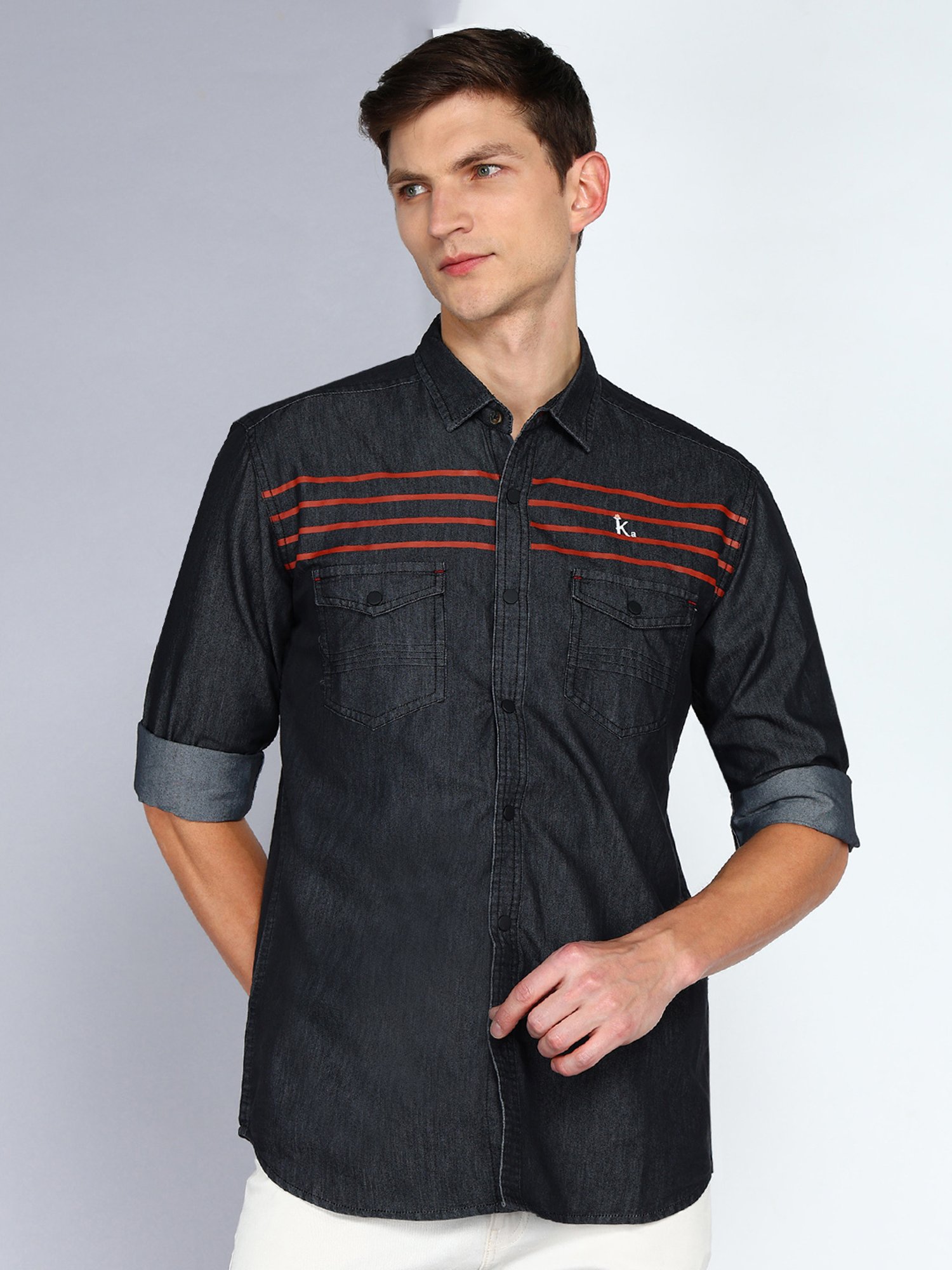 Kuons Avenue Charcoal Slim Fit Striped Denim Shirt