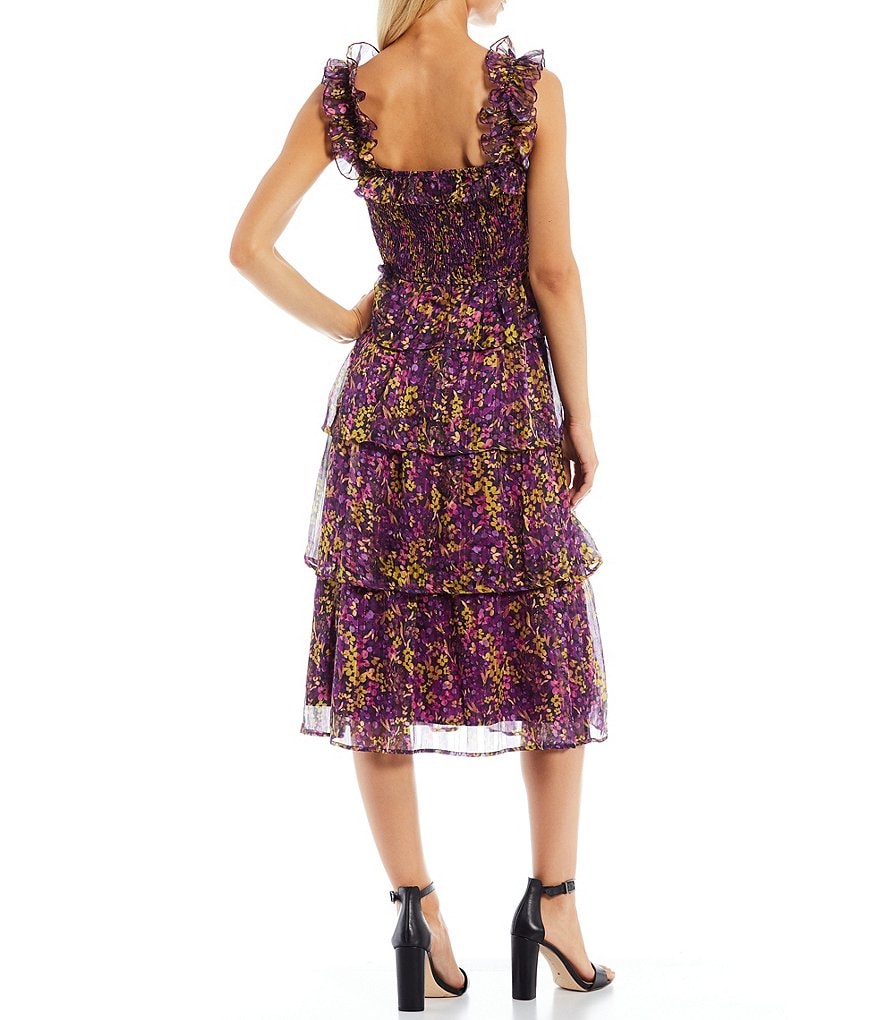 Adelyn Rae Floral Sleeveless Smocked Bodice Square Neck Tiered Chiffon Midi Dress