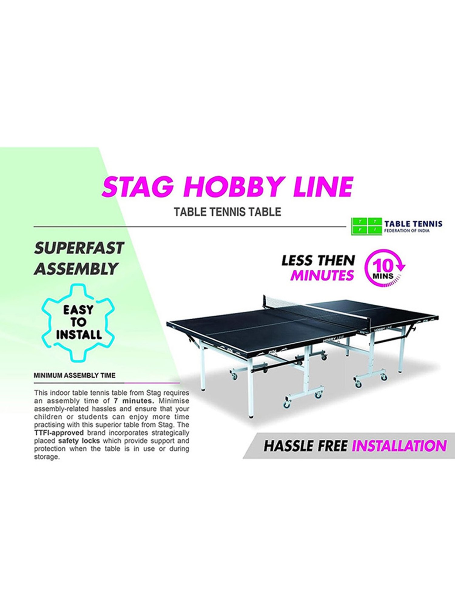 Stag Global 19mm Hobby Line 7 Minute Quick Assembly Table Tennis Table (Black)