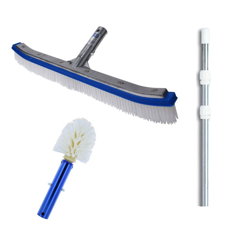Blue Devil 18 Inch Pool Brush + 12 Foot Telescopic Pole + Corner and Step Brush