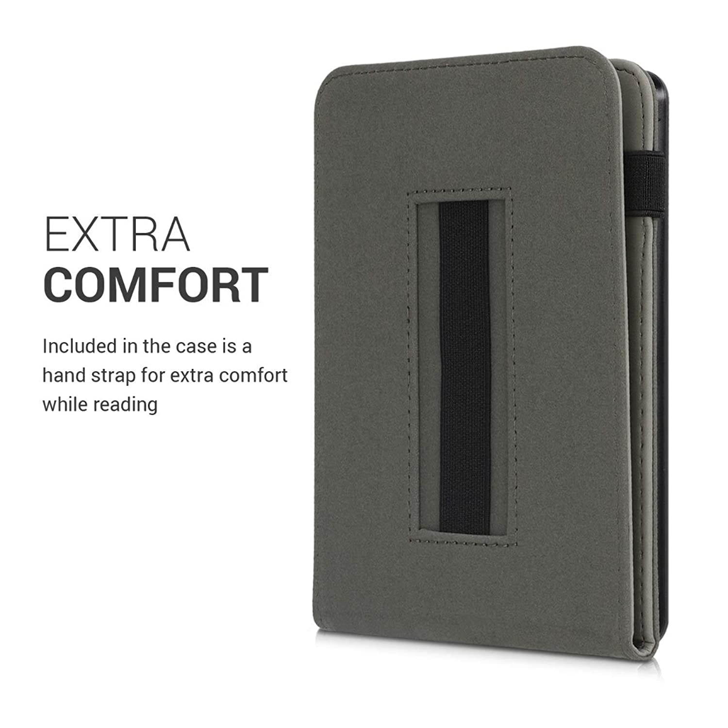 kwmobile Cover Compatible with Amazon Kindle Paperwhite (10. Gen - 2018) - Faux Nubuck Leather e-Reader Case with Built-in Hand Strap and Stand - Navigational Compass Grey