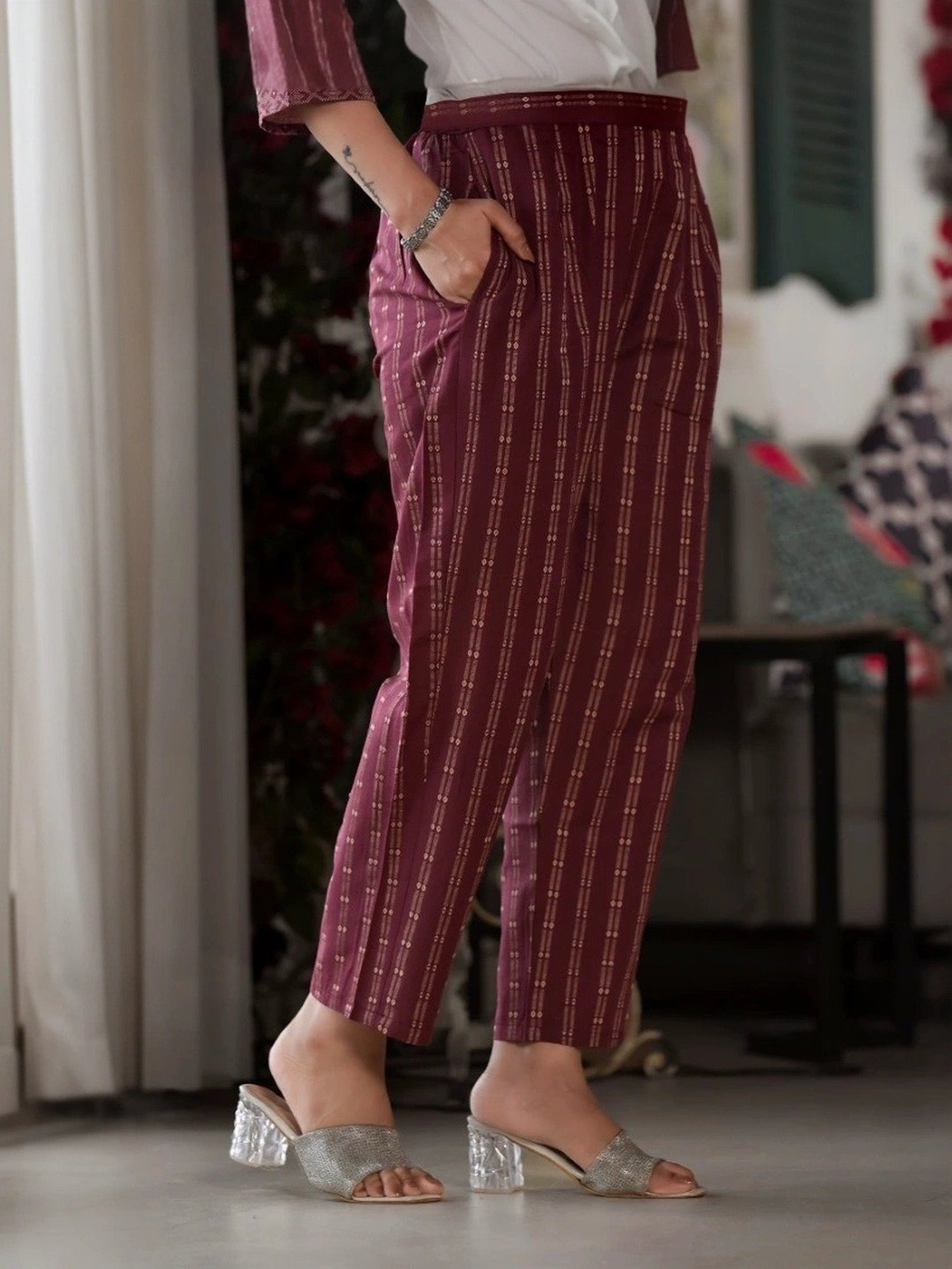 Juniper Maroon Cotton Printed Kurta Pant Set With Dupatta