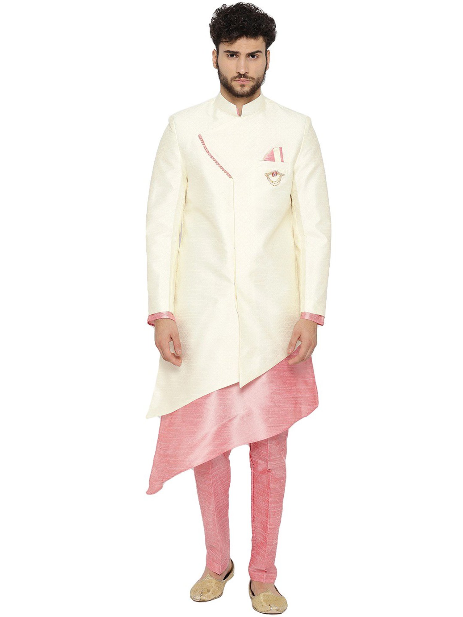 SG RAJASAHAB Cream & Pink Regular Fit Kurta Set