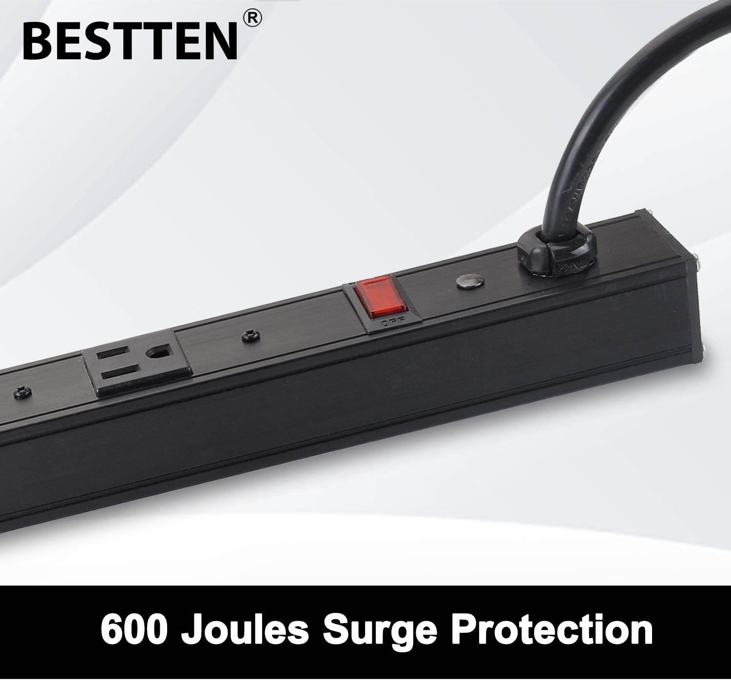 BESTTEN Wide-Spaced 12-Outlet Metal Power Strip Surge Protector, 15-Foot Ultra Long Extension Cord, 15A/125V/1875W, 600 Joules, ETL Listed, Black