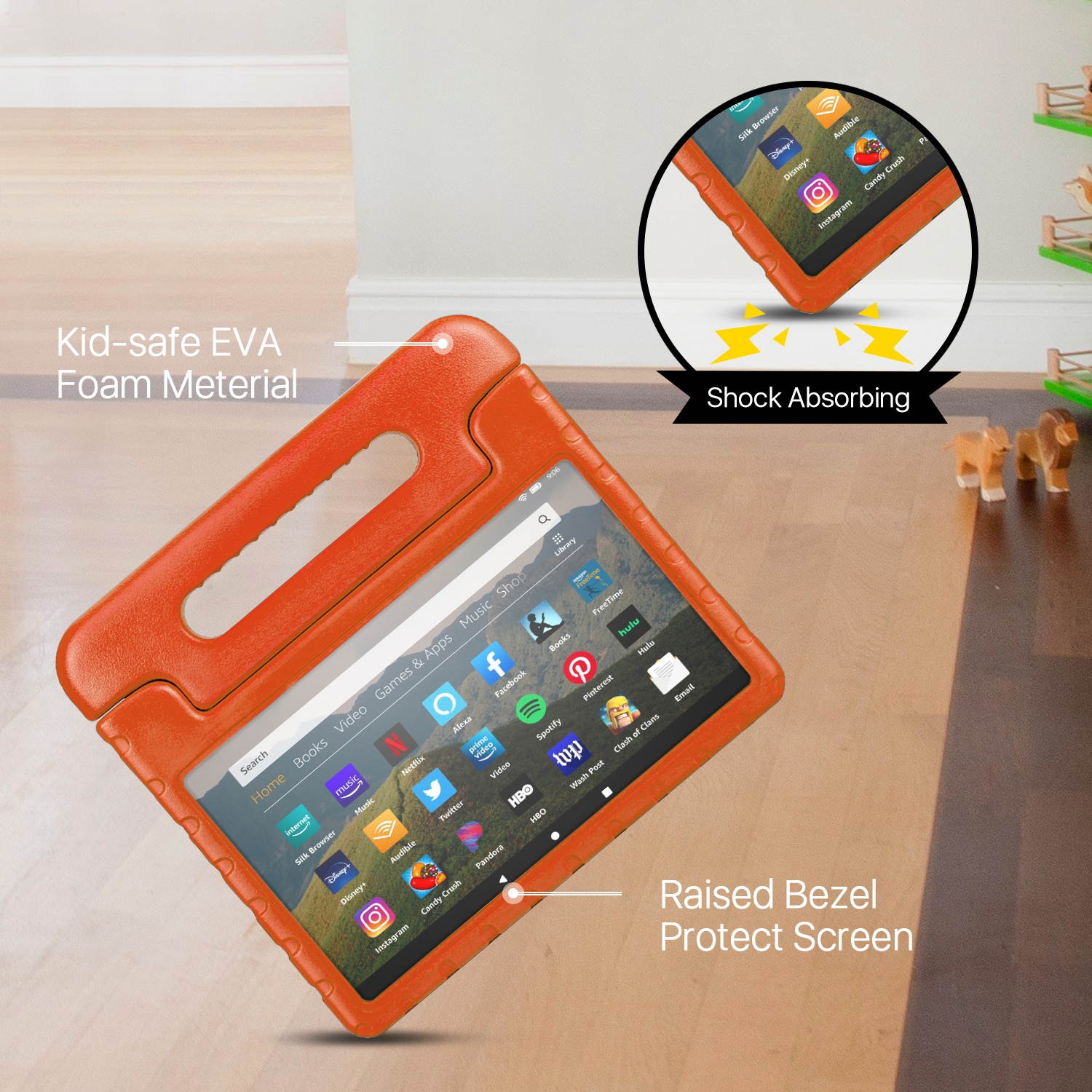 Shock Proof Case for All New Fire HD 8 Tablet (7th Gen, 2017 Release) - For Kid Friendly Child Proof Anti Slip Impact Drop Light Weight Convertible Handle Stand Cover Protective Case (Orange)