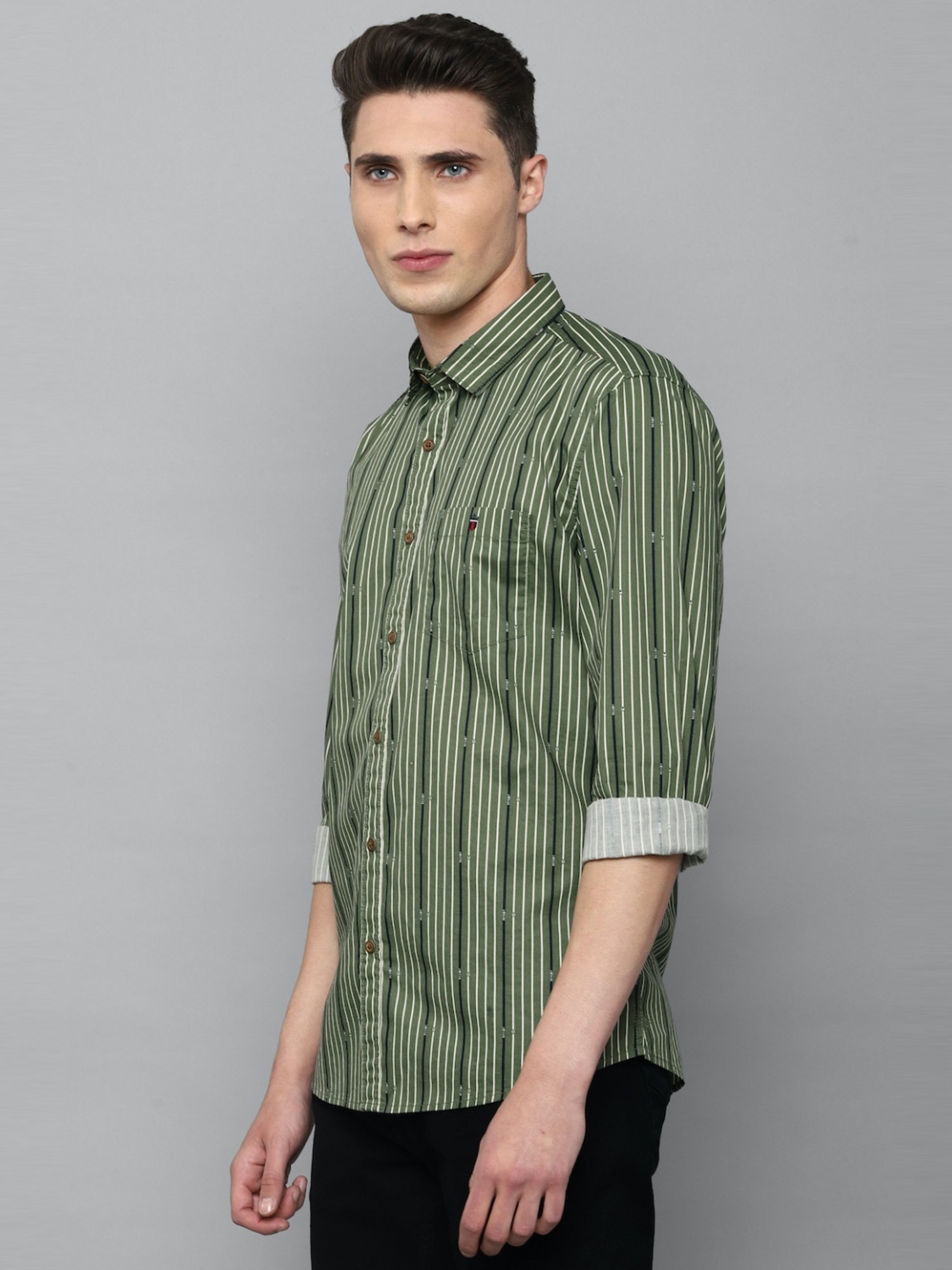 Louis Philippe Jeans Green Cotton Slim Fit Striped Shirt