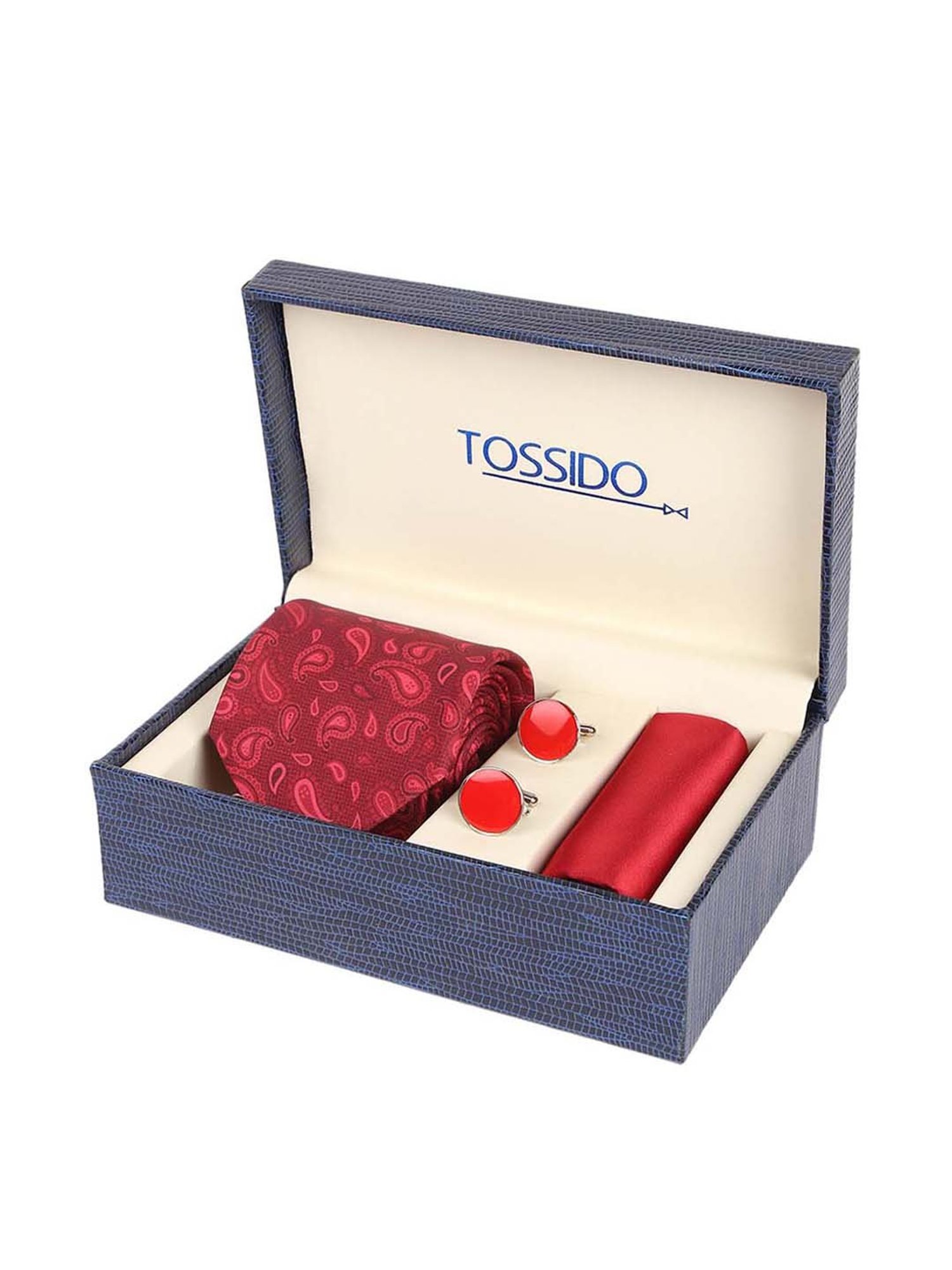 Tossido Maroon Woven Necktie With Pocket Square and Cufflinks