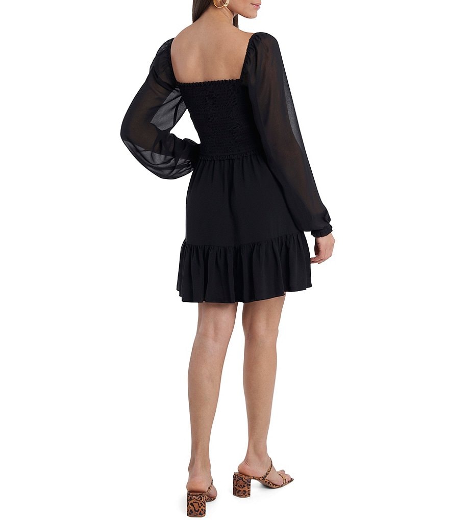 1. STATE Smocked Waist Ruffle Hem Square Neck Long Sheer Sleeve A-Line Dress