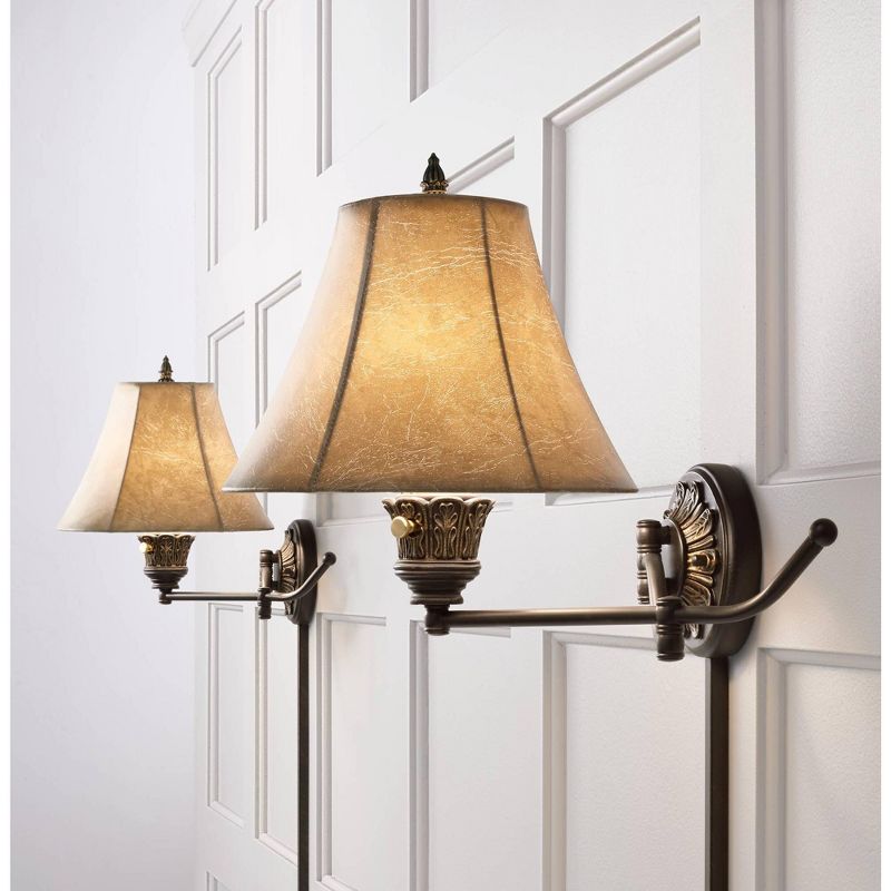 Barnes and Ivy Swing Arm Wall Lamps Set of 2 French Bronze Plug-In Light Fixture Faux Leather Shade Bedroom Living Room Reading
