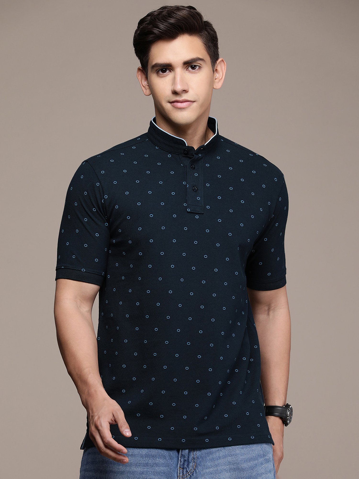 Burnt Umber Navy Regular Fit Printed Mandarin Collar T-Shirt