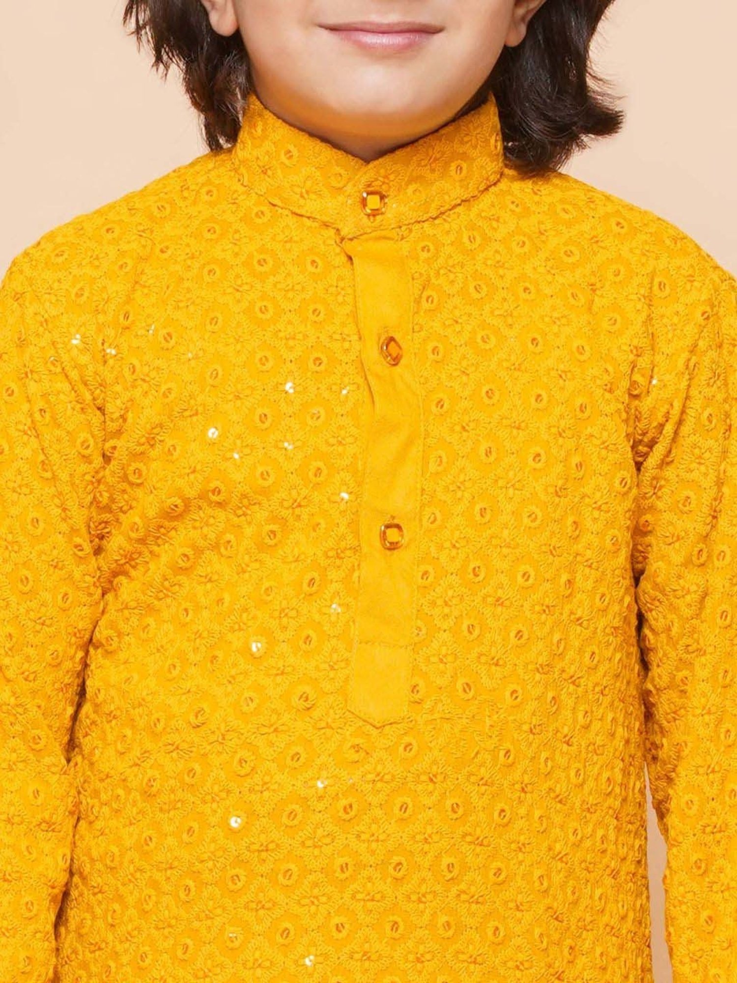 AJ Dezines Kids Yellow & White Cotton Embroidered Full Sleeves Kurta Set