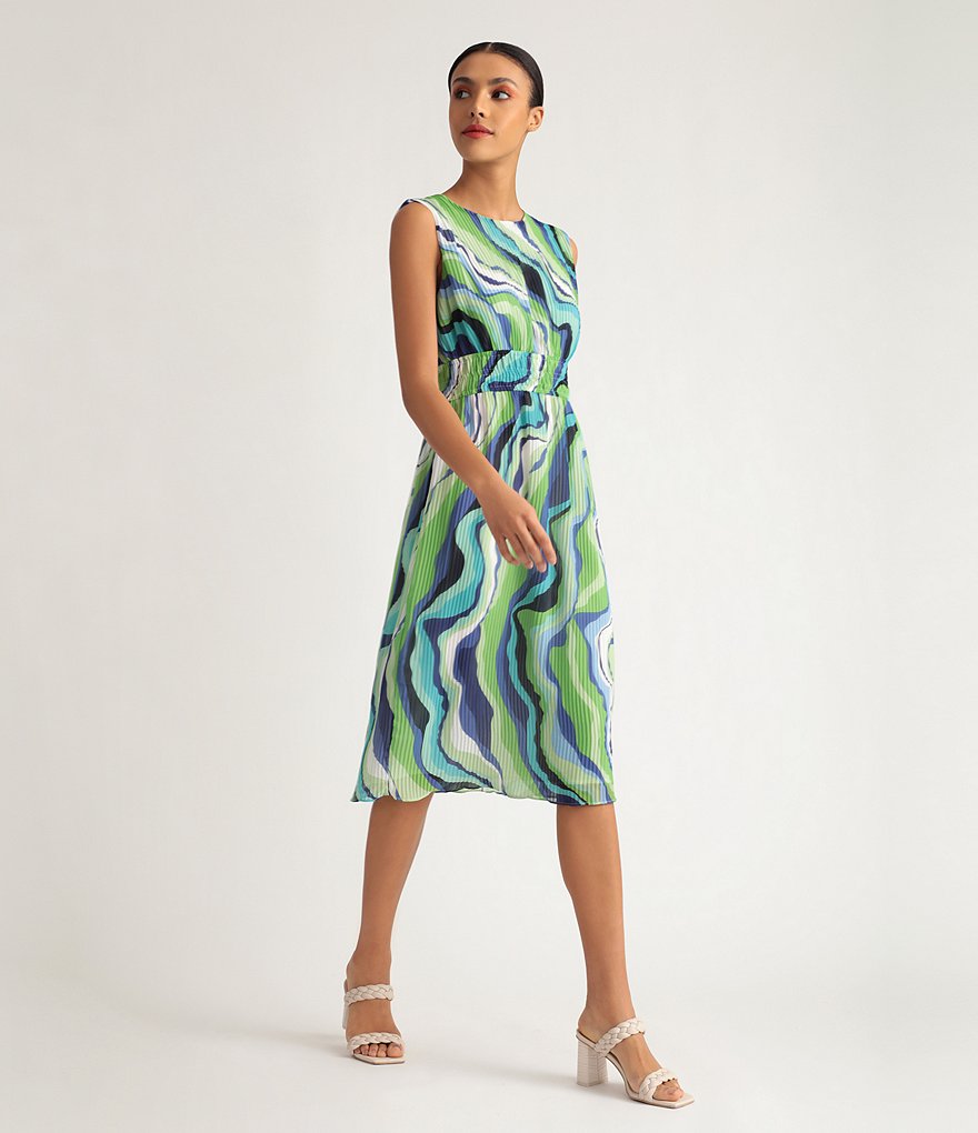 Donna Morgan Groovy Geo Pleat Sleeveless Midi Dress