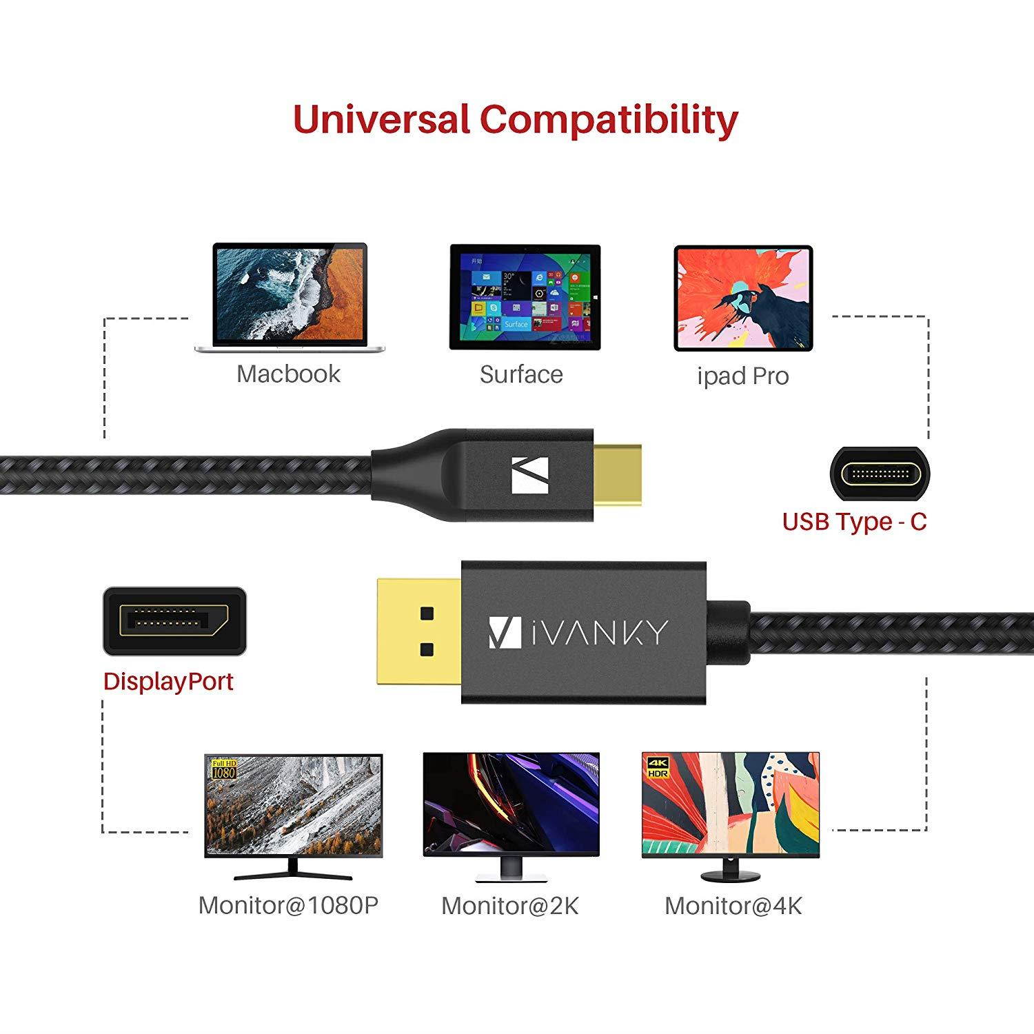 USB C to DisplayPort Cable [4K@60Hz] 6.6ft iVanky [Aluminum Shell High Speed] Thunderbolt 3 to DisplayPort Cable Compatible for MacBook Pro 2018/2017 Galaxy S9/S8 XPS 15/13 Surface Book 2 - Black