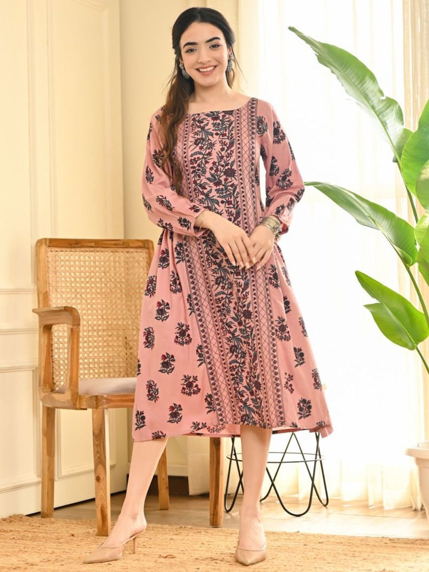 Rustorange Pink Printed A-Line Dress