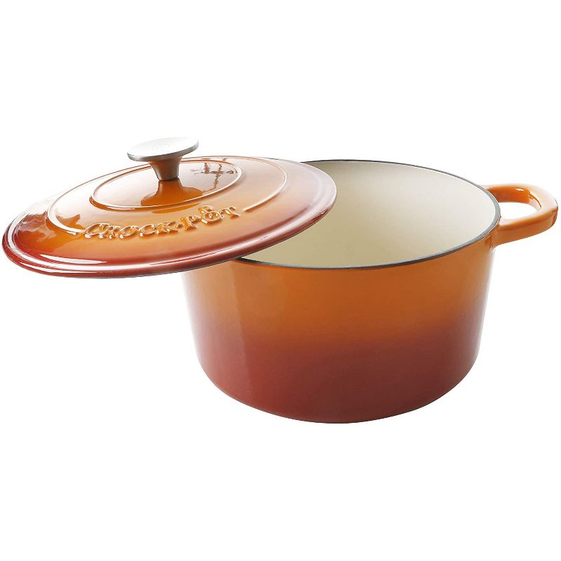 Crock-Pot 5 Quart Capacity Round Enamel Cast Iron Covered Dutch Oven Kitchen Cookware with Matching Self Basting Lid, Sunset Orange