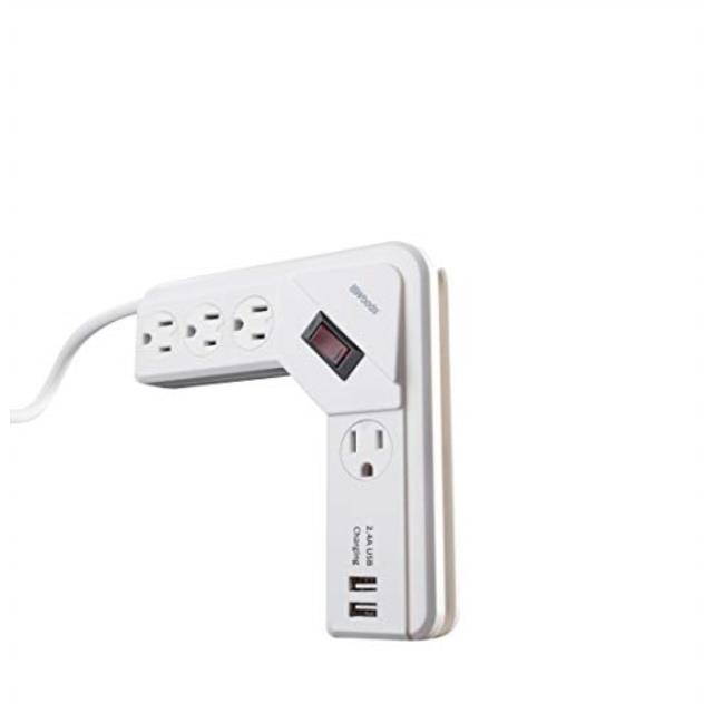 woods 41379 lshaped surge protector with 4 outlets, 2 usb ports, 490j of protection, 4 foot cord, white