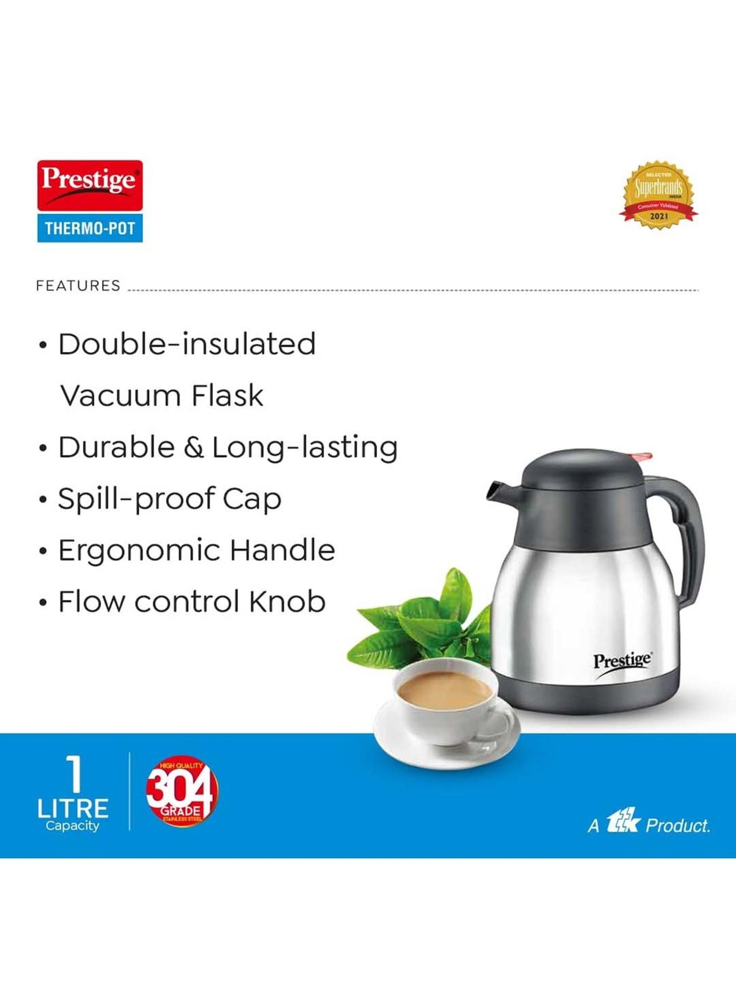 Prestige Silver & Black Stainless Steel Double Insulated Vacuum Flask (1 L) - Set of 1