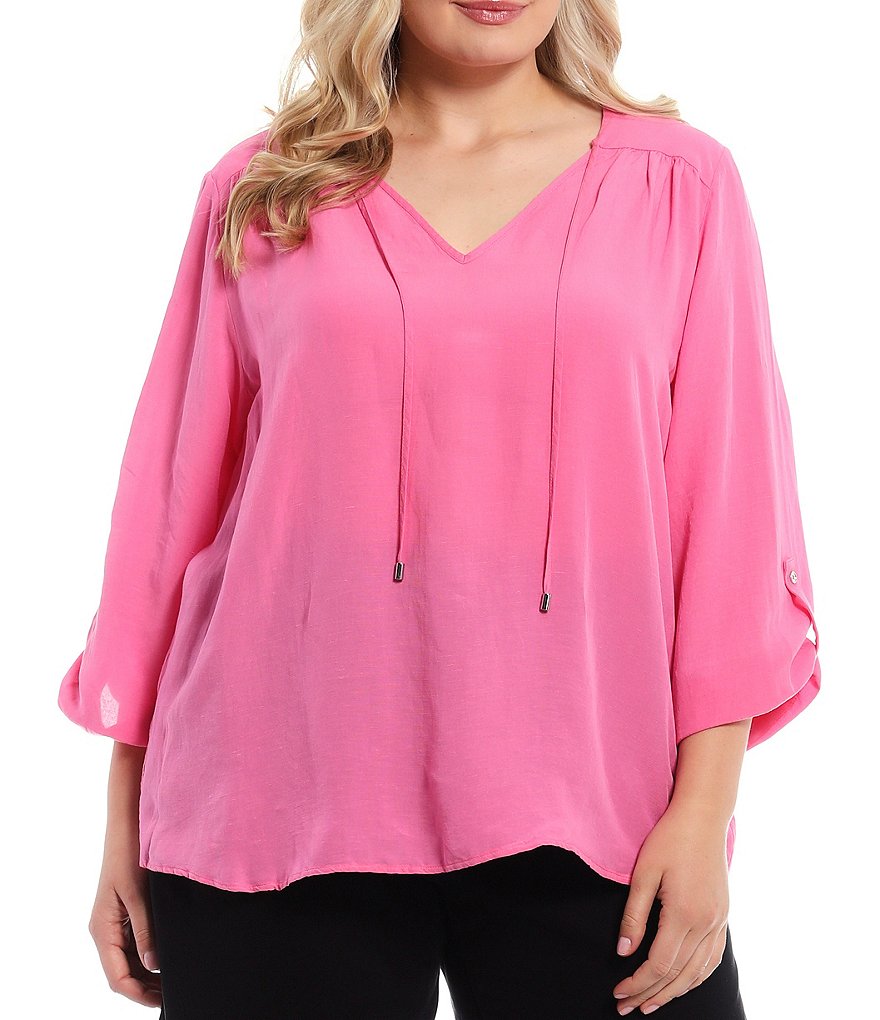 Calvin Klein Plus Size Solid Linen-Blend Tie V-Neck Detail 3/4 Roll-Tab Sleeve Top