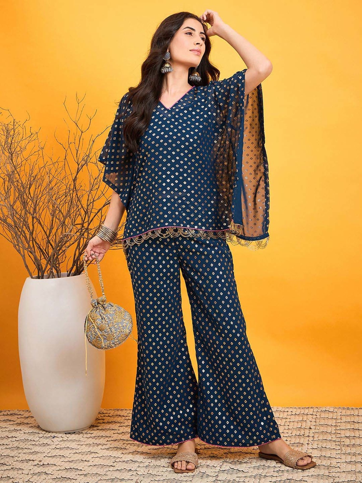The Kaftan Company Blue Printed Top Pants Set