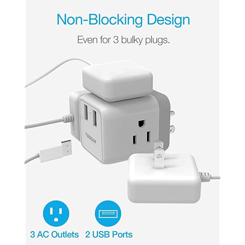 Plug Outlet Extender with USB Charger, Travel Charging Cube Power Wall Outlet Expander for Cruise Essentials, ple Outlet Plug Splitter for Home, Dorm, Office