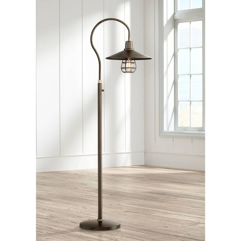 Franklin Iron Works Industrial Floor Lamp Oiled Rubbed Bronze Metal Cage Barn Light Shade for Living Room Reading Bedroom Office