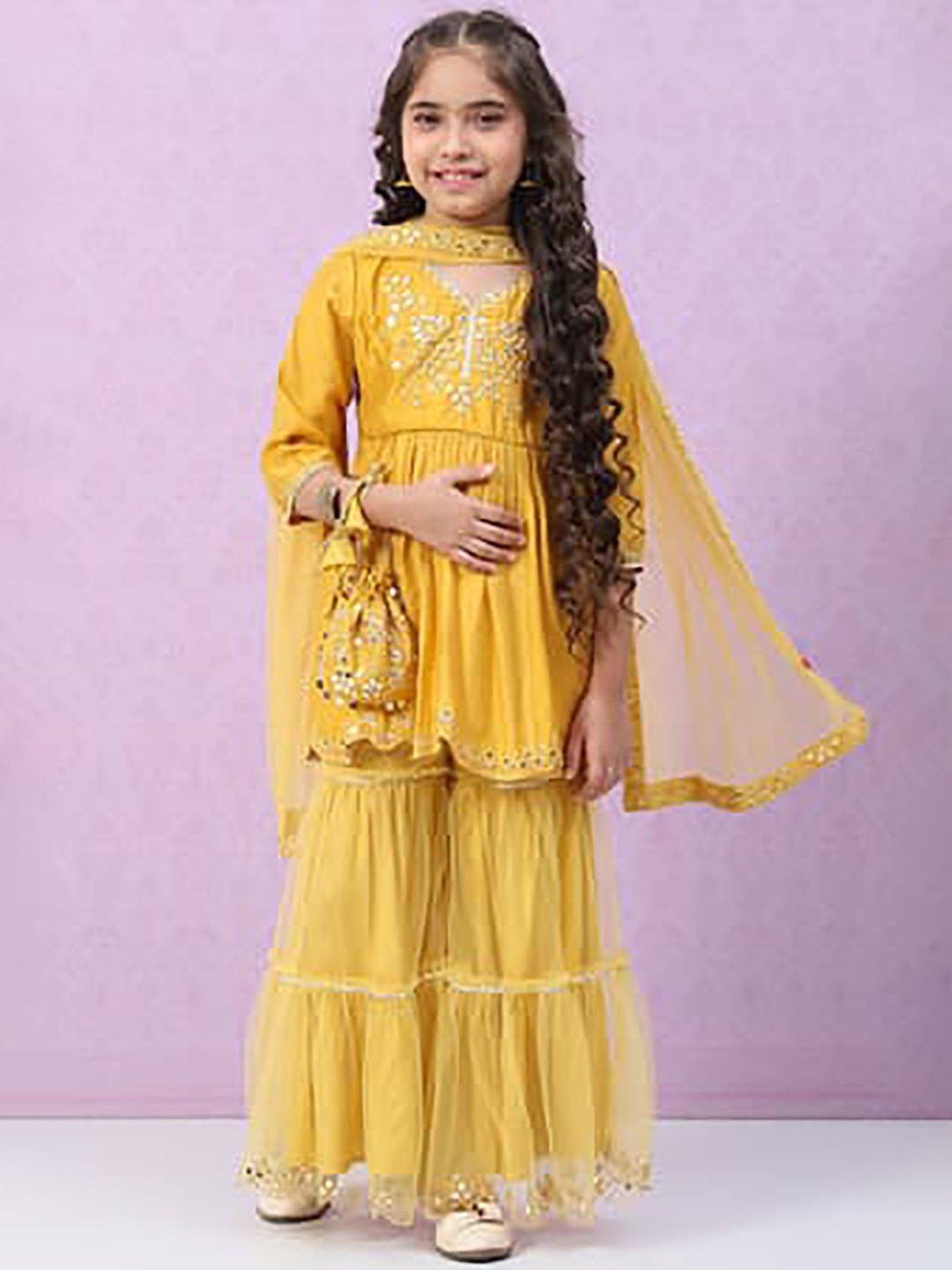 BIBA Girls Mustard Embroidered Kurta, Sharara with Dupatta