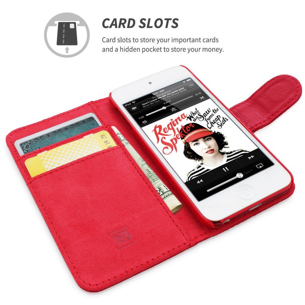 iPod Touch Case, Snugg Red Leather Flip Case [Card Slots] Executive Apple iPod Touch Wallet Case Cover and Stand - Legacy Series