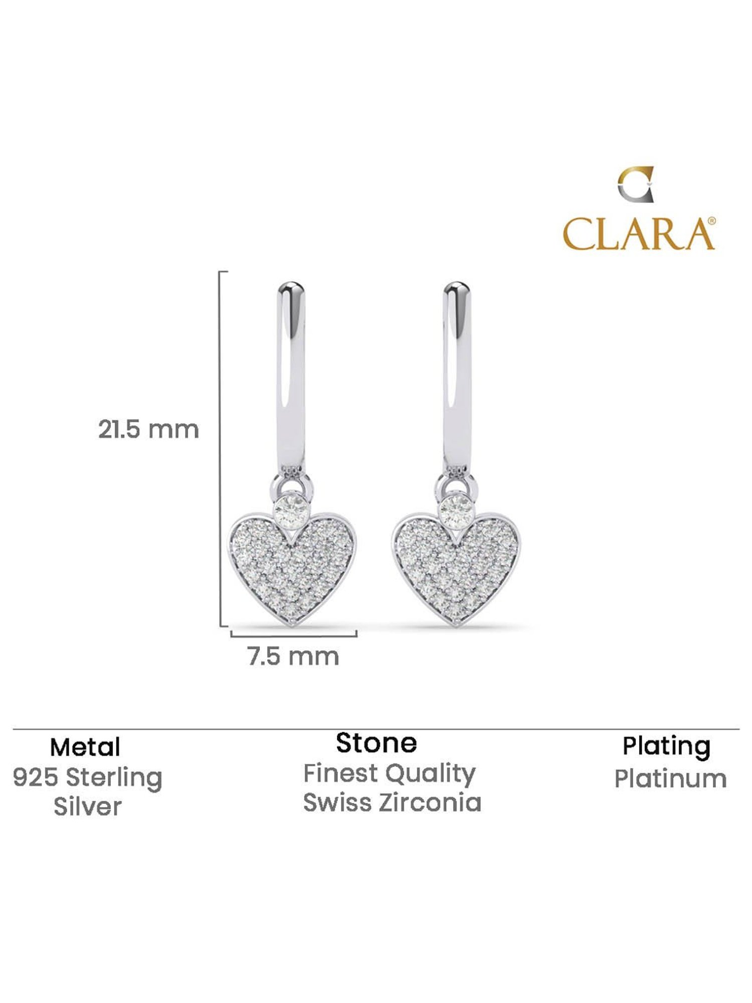 Clara 925 Sterling Silver Platinum Plated Swiss Zirconia Heart Drop Earrings Gift for Women