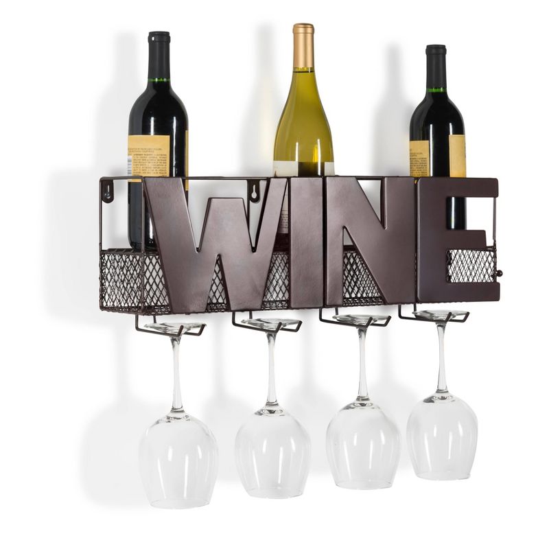 Metal Wall Mount Wine Bottle and Long Stem Glass Rack Brown - Danya B.