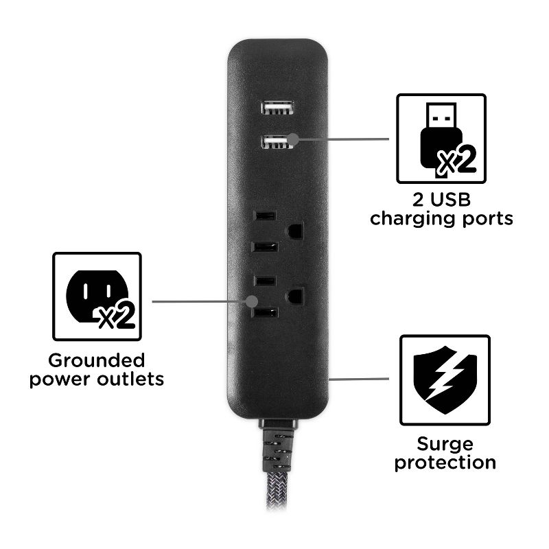 Cordinate 4' 2 AC 2 USB Extension Cord Dark Heather