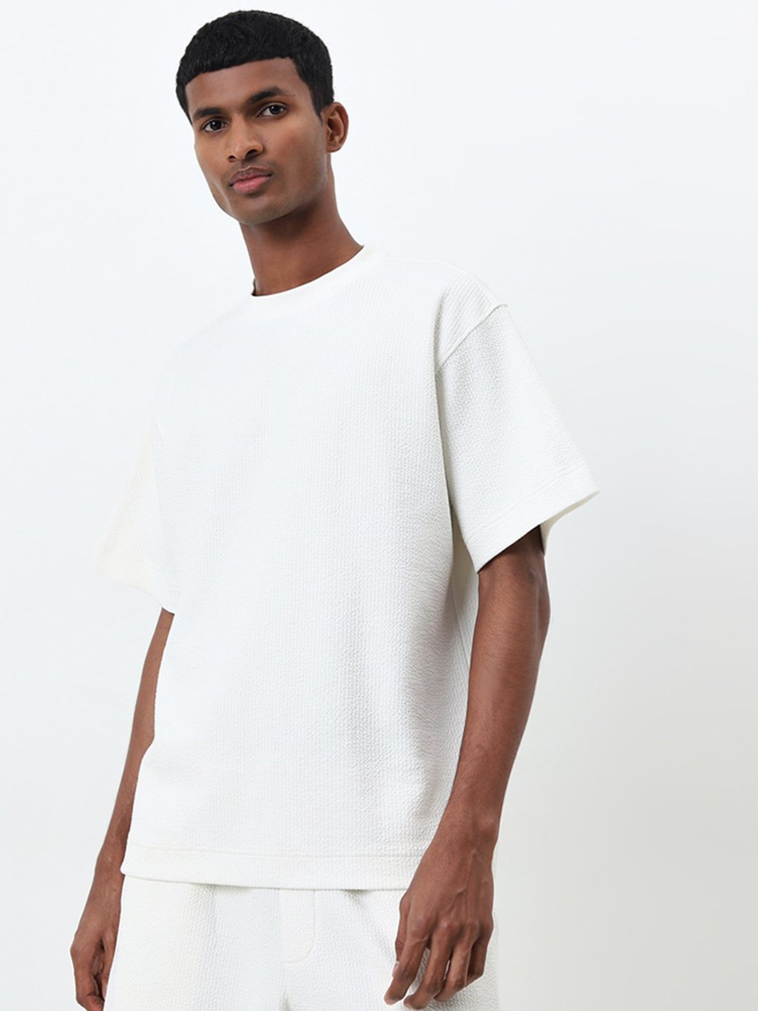Studiofit by Westside White Textured Relaxed-Fit T-Shirt
