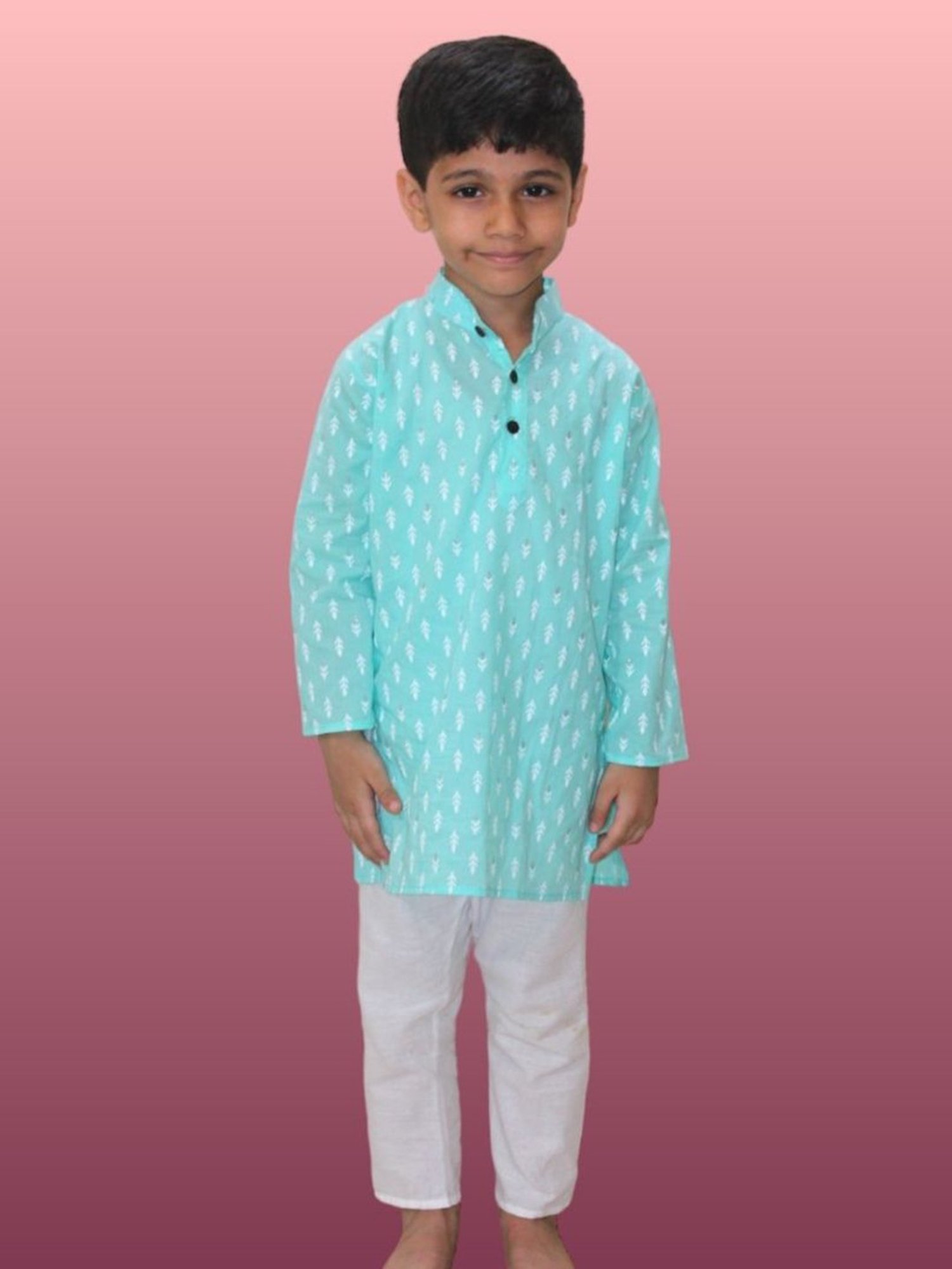 Tippy Top Kids Turquoise & White Printed Full Sleeves Kurta with Pyjamas