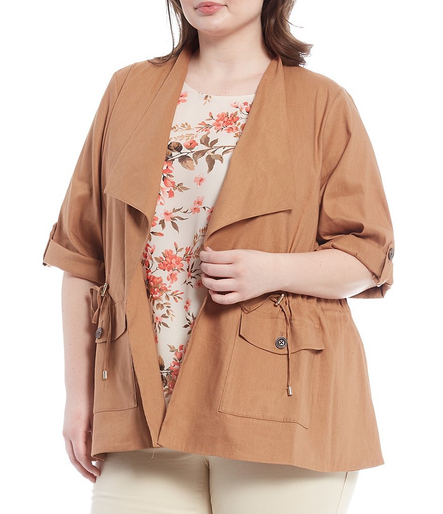 Calvin Klein Plus Size Stretch Woven Wing Lapel Collar Roll-Tab Sleeve Drawstring Waist Detail Open-Front Jacket