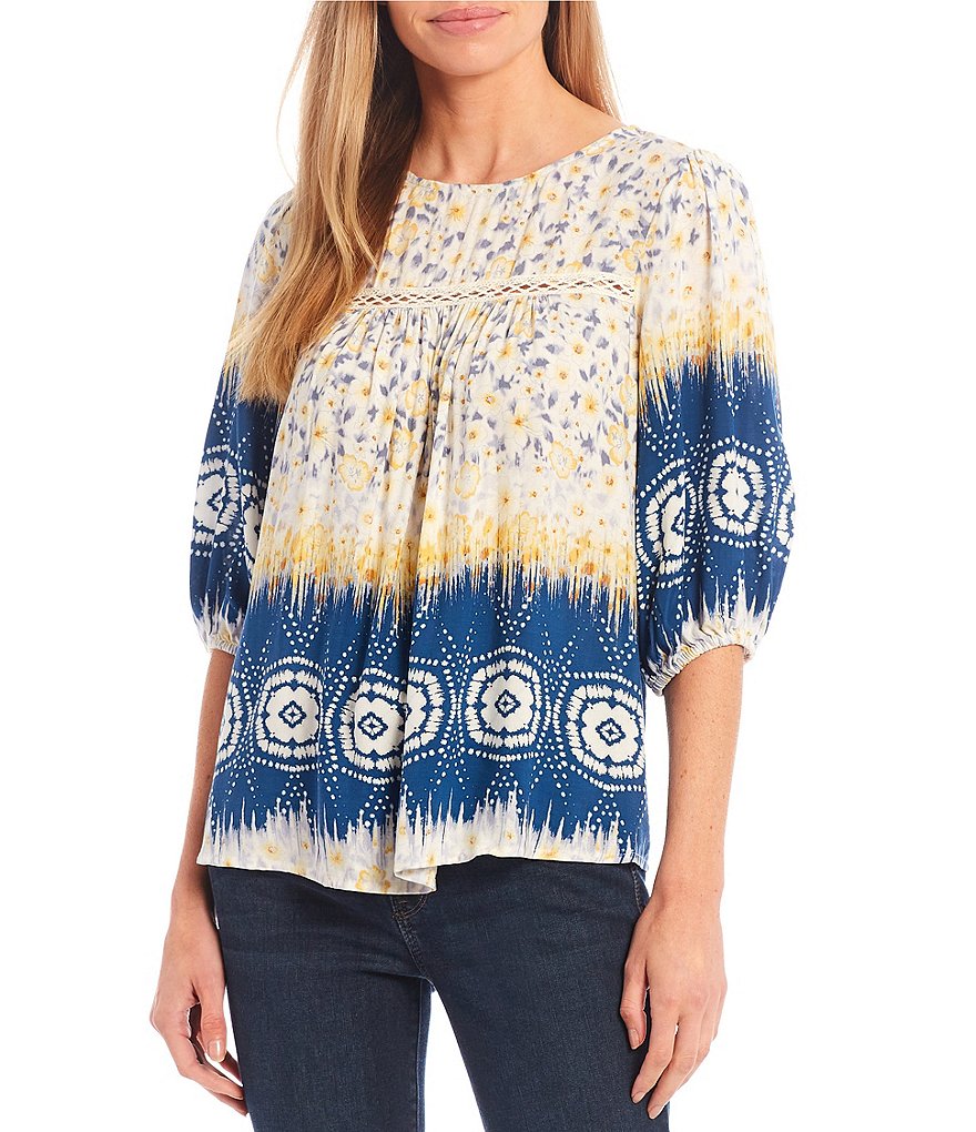 Figueroa & Flower Queen Blue Border Print 3/4 Balloon Sleeve Yoke Detail Popover Top