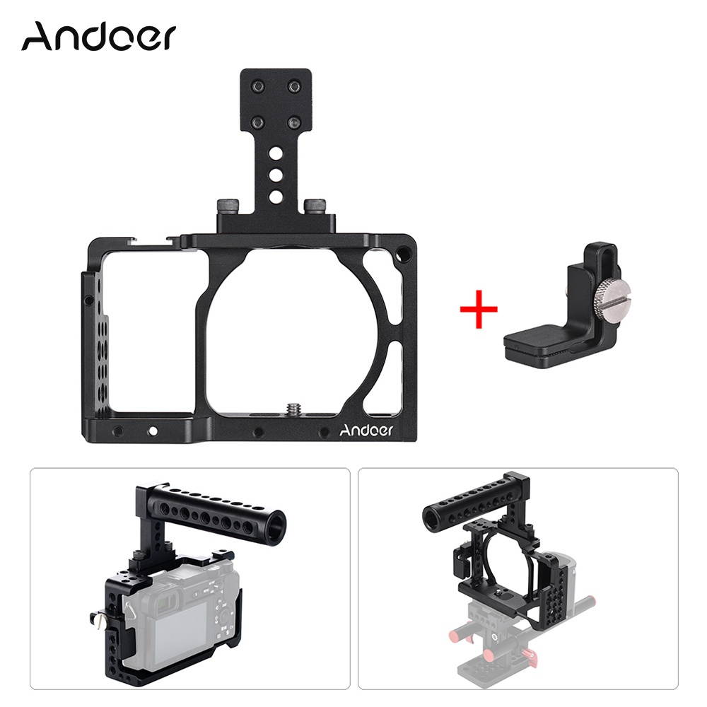 Andoer Protective Aluminum Alloy Video Camera Cage + Top Handle Kit Film Making System with Cable Clamp for Sony A6000 A6300 A6500 NEX7 ILDC to Mount Microphone Monitor Tripod Lighting Accessories