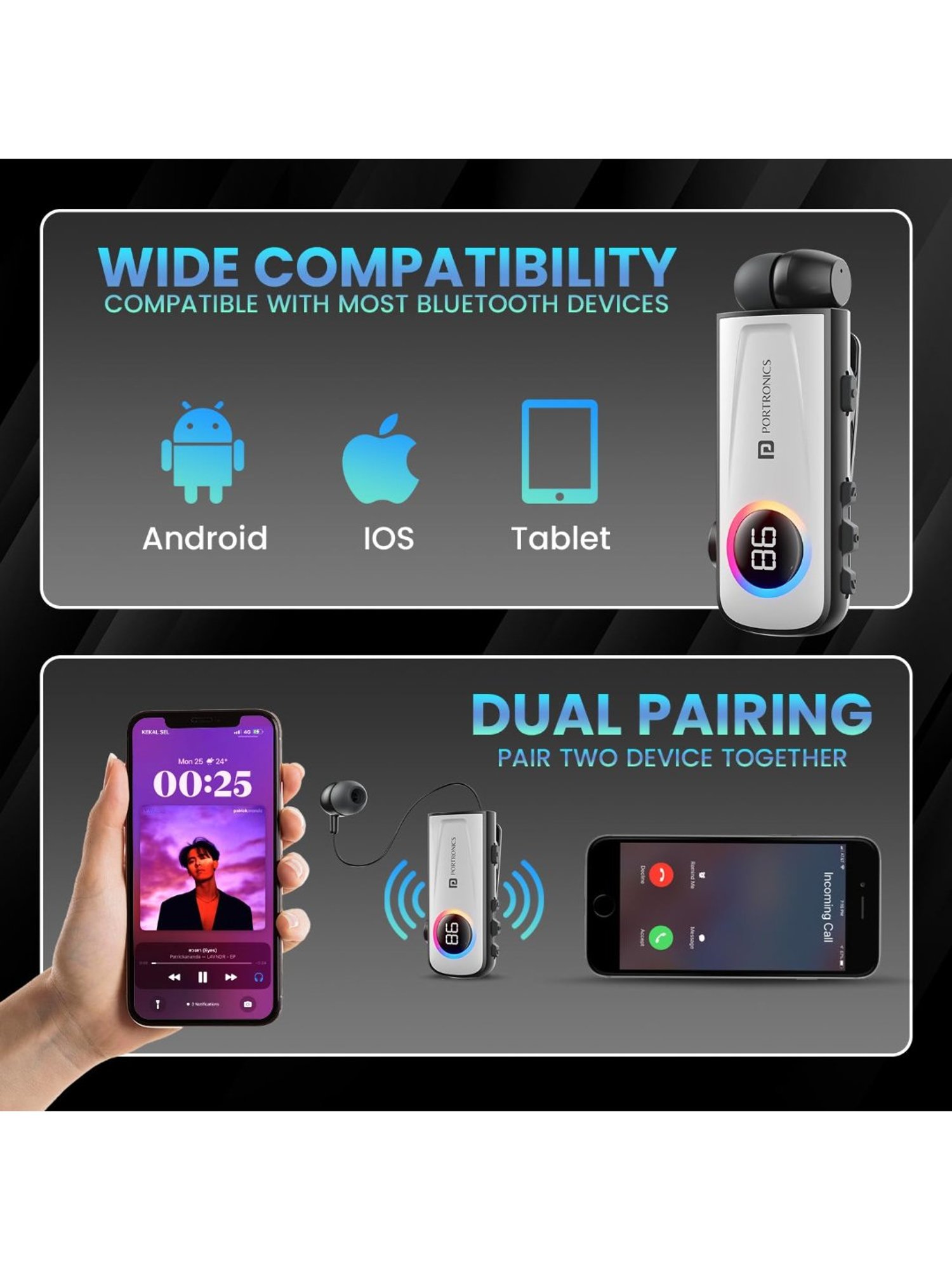 Portronics Harmonics Klip 5 Retractable BT Calling Earphone with Upto 15H Playback (White)