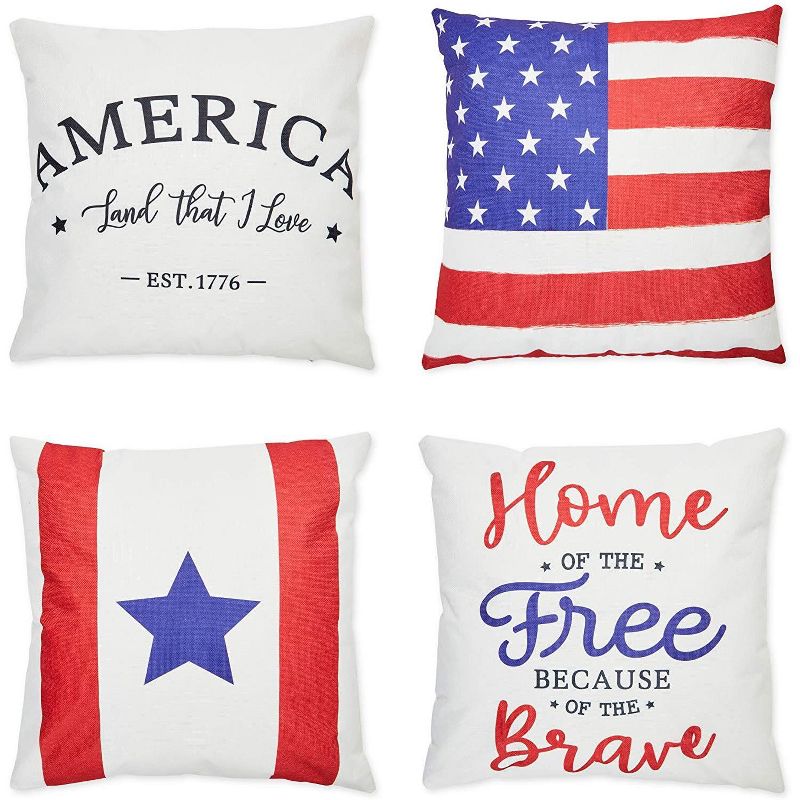 Farmlyn Creek Set of 4 Patriotic Flag Decorative Throw Pillow Case Cushion Covers 18 x 18 in for 4th of July