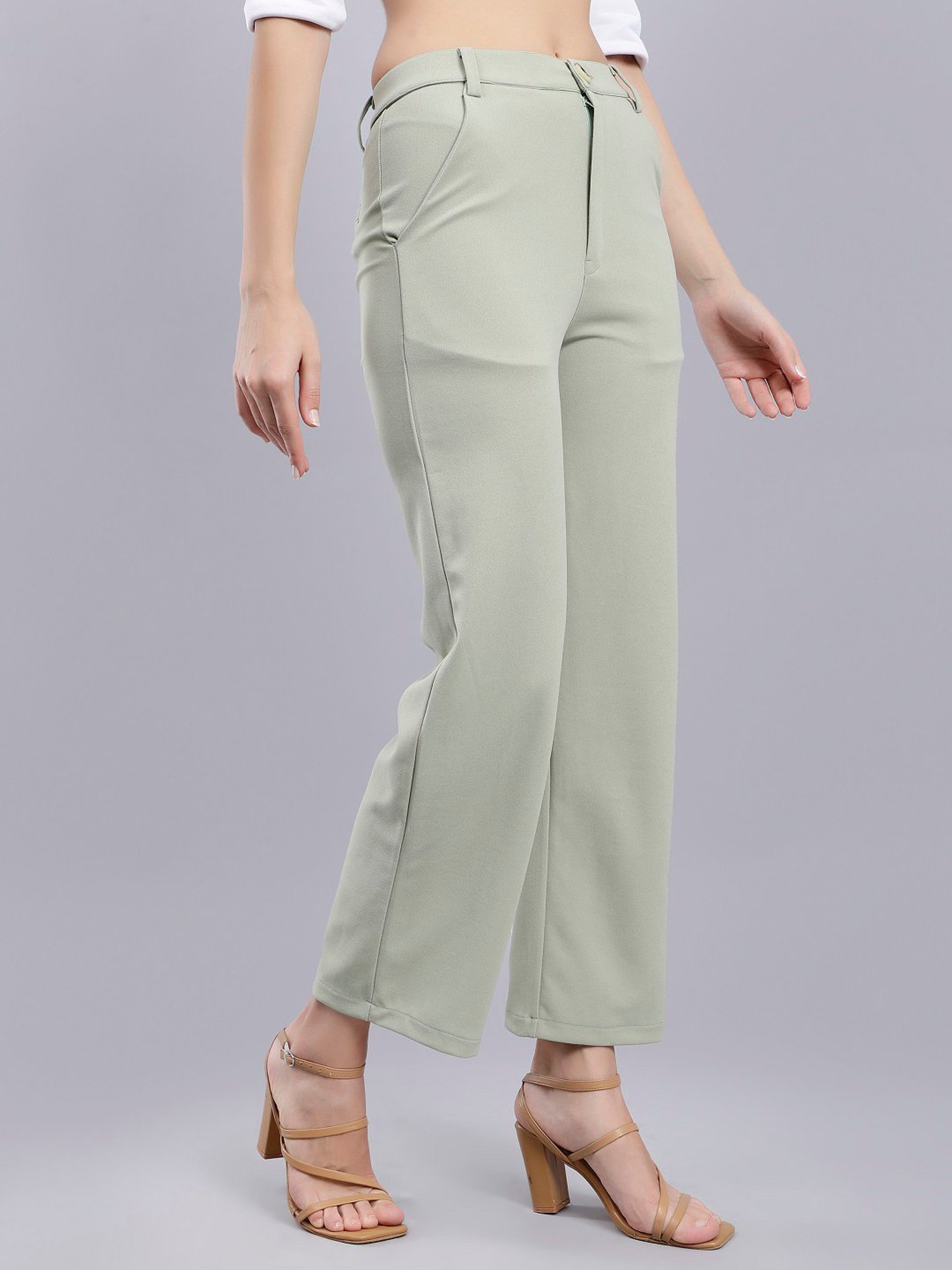 Anvi Be Yourself Green Straight Fit Mid Rise Trousers