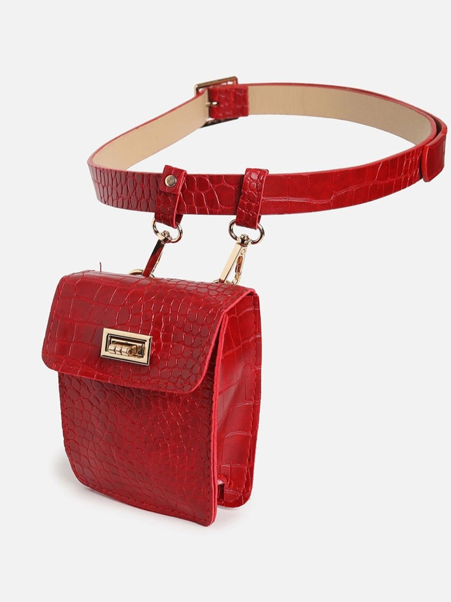 HauteSauce Red Textured Casual Belt for Women with Pouch