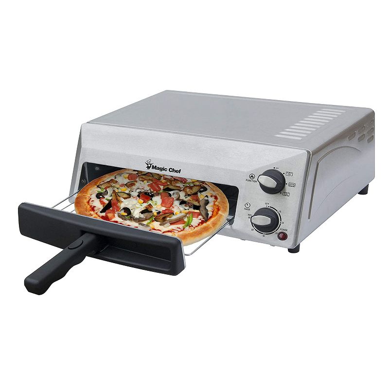 Magic Chef HQPZO13ST Electric Kitchen Countertop 12 Inch Pizza Oven Maker Appliance Machine with Removable Crumb Tray, Stainless Steel