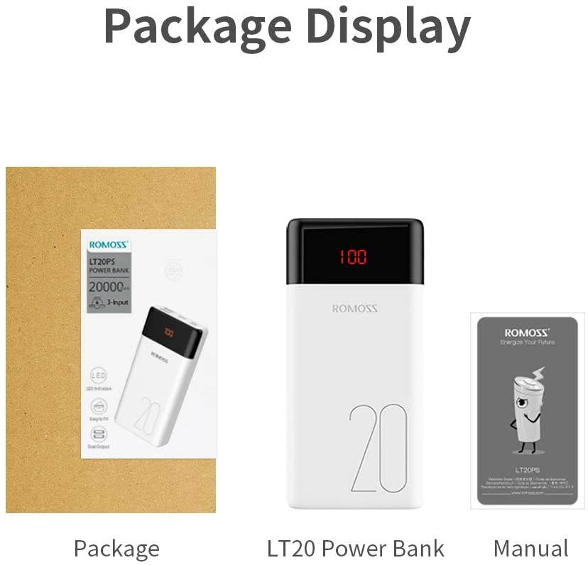 ROMOSS 20000mAh Power Bank with LED Display, USB C Portable Charger with 2 Outputs & 3 Inputs External Battery Pack Cell Phone Charger Battery Compatible with iPhone 11, Xs Max, iPad Pro, Samsung S20