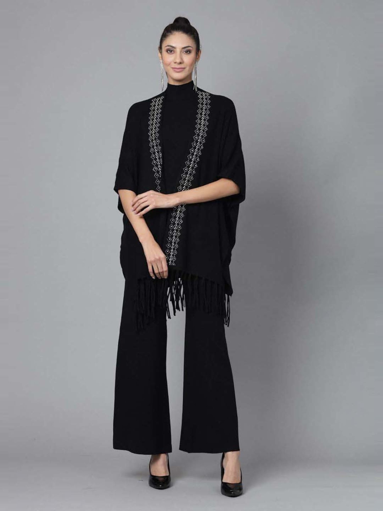 Mafadeny Black Embellished Top Pants Set With Shrug