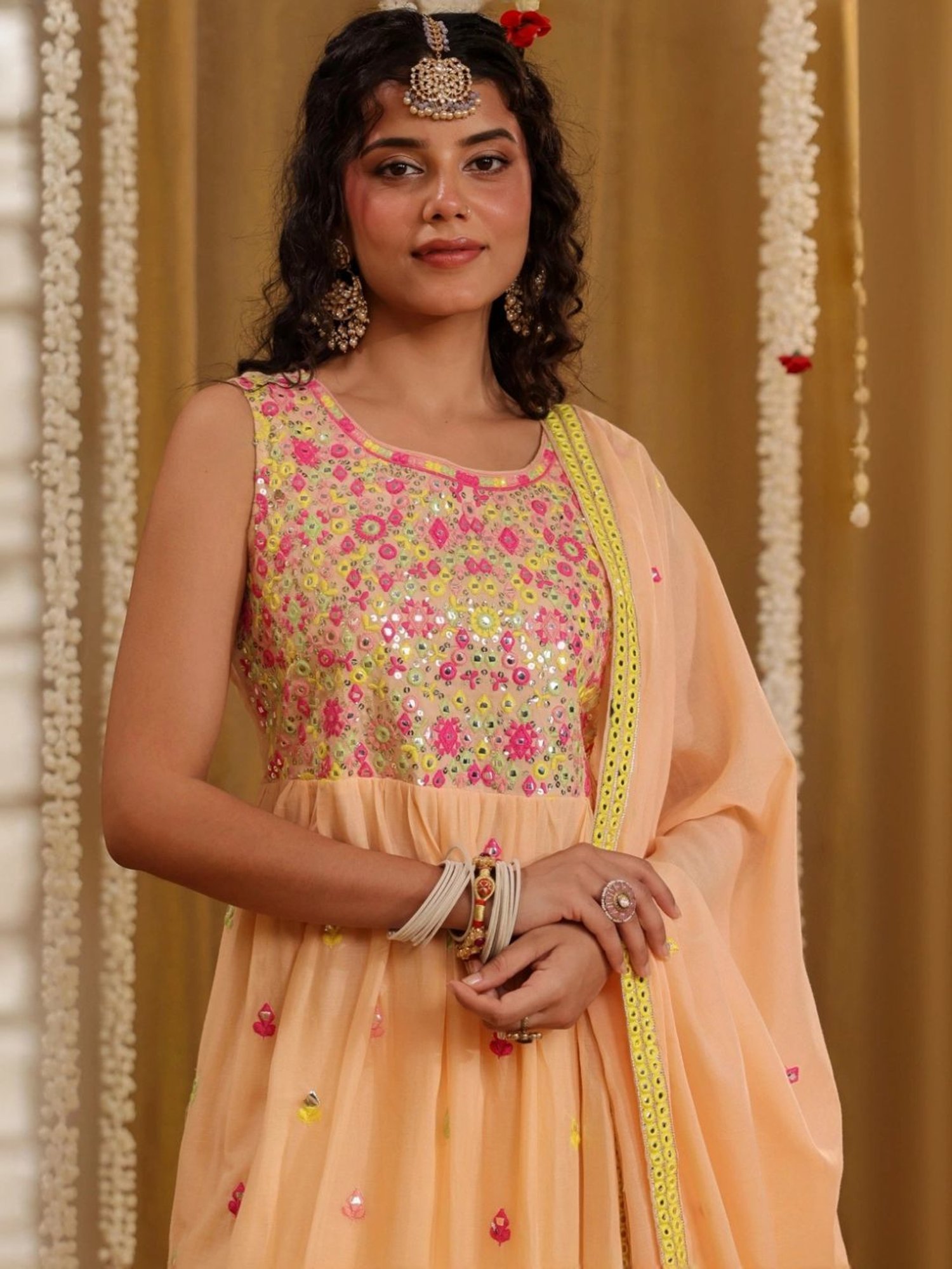 SCAKHI Peach Mulmul Mirror And Sequin Embroidered Sleeveless Gathered Kurta with Pant And Dupatta