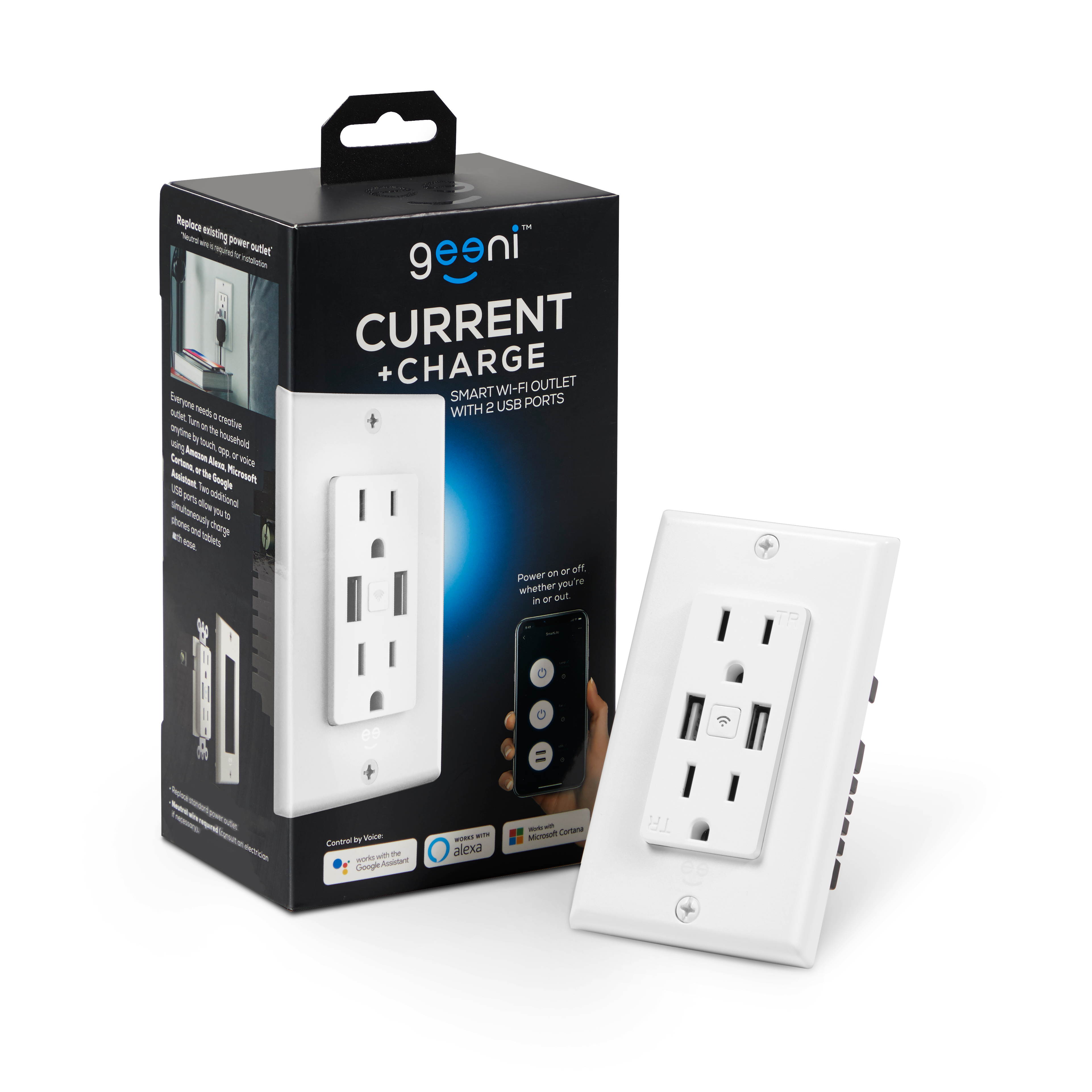 Geeni Wi-Fi Smart Wall Outlet With 2 Plugs + 2 USB Ports