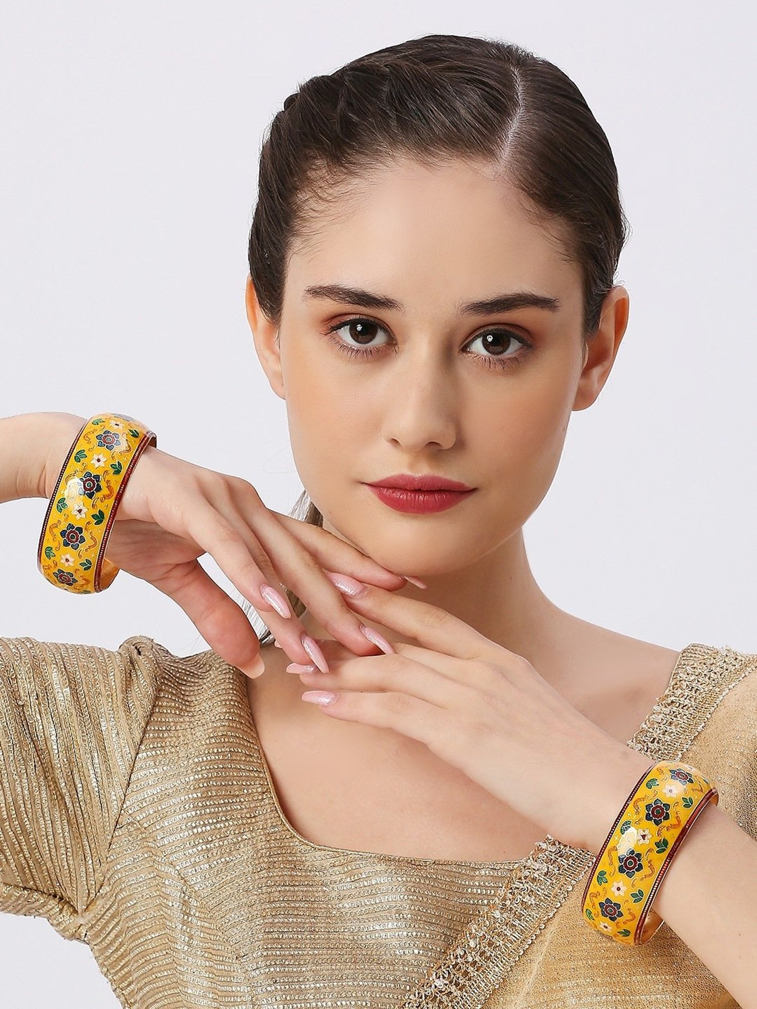 Oomph Yellow Brass Kada Bangles - Set of 2