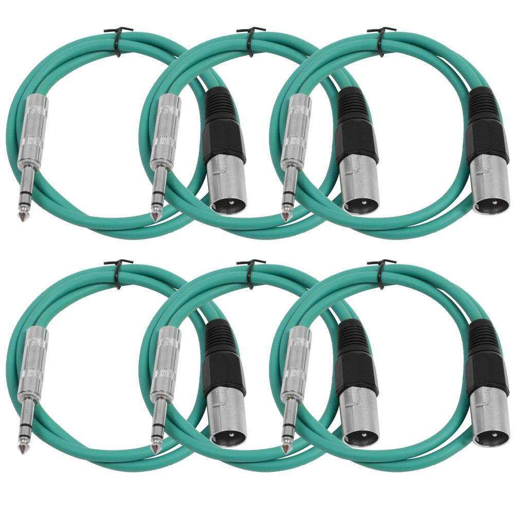 Seismic Audio - 6 Pack of Green 2 foot XLR Male to TRS Male Patch Cables - Snake Microphone Cord